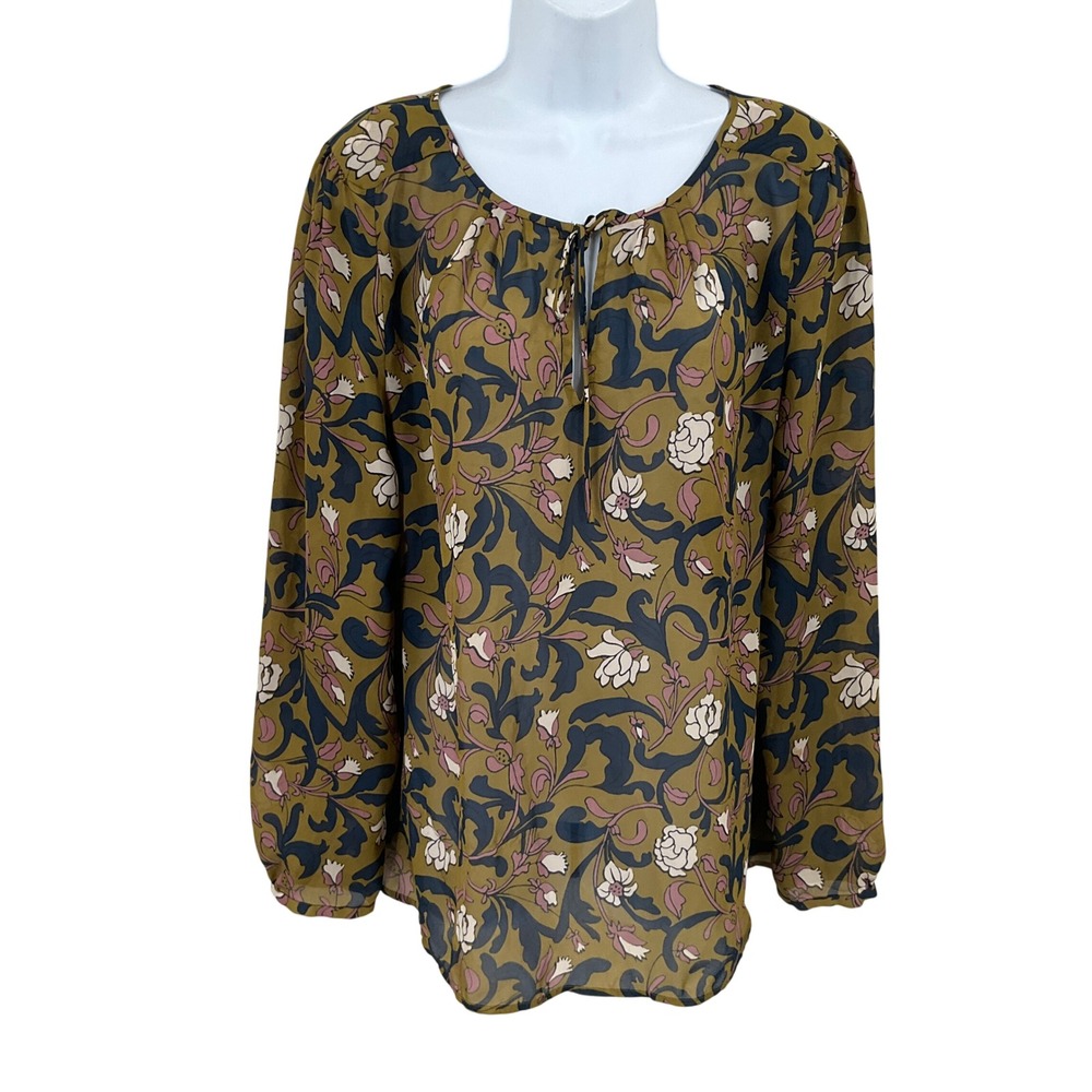 LOFT Blouse Womens Large Yellow Floral Boho Classic Long Sleeve Tie Neck Airy